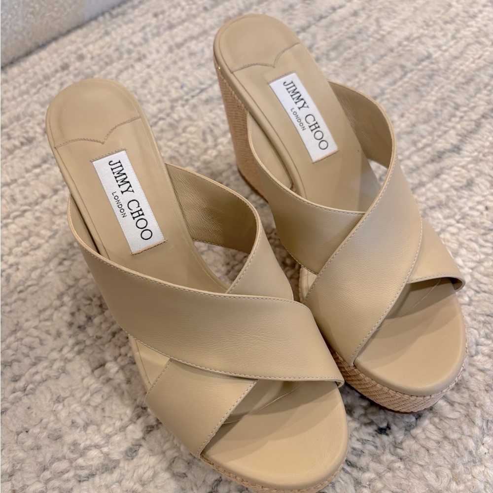 JIMMY CHOO DOVINA ESPADRILLE PLATFORM WEDGE SIZE 38 Nude/Tan never worn!!!